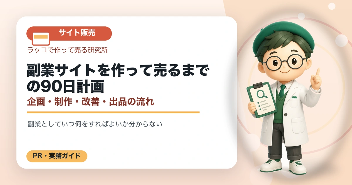 副業サイトを作って売るまでの90日計画｜企画・制作・改善・出品の流れの解説イラスト