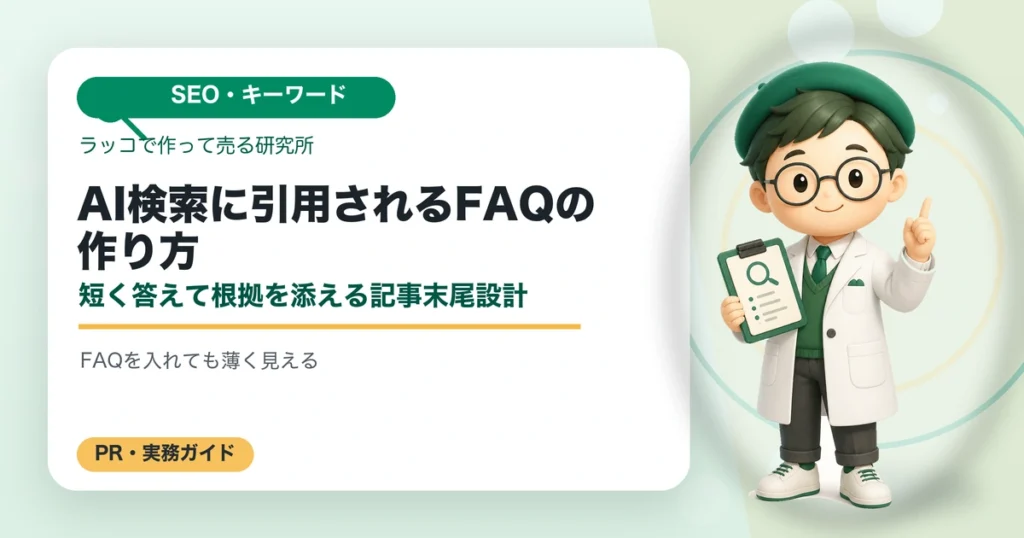 AI検索に引用されるFAQの作り方｜短く答えて根拠を添える記事末尾設計の解説イラスト