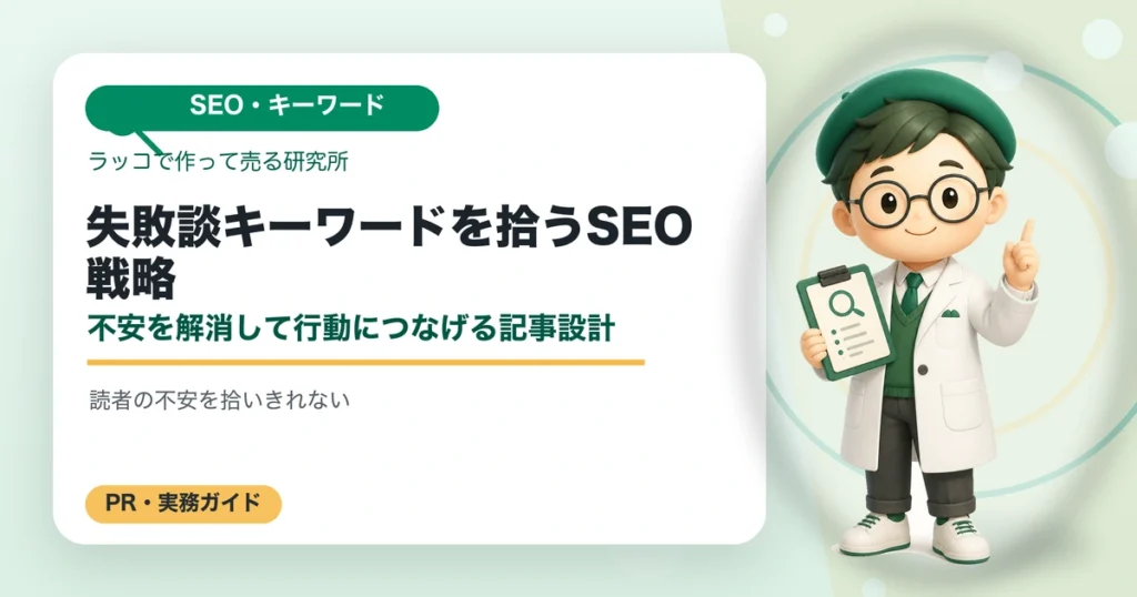 失敗談キーワードを拾うSEO戦略｜不安を解消して行動につなげる記事設計の解説イラスト