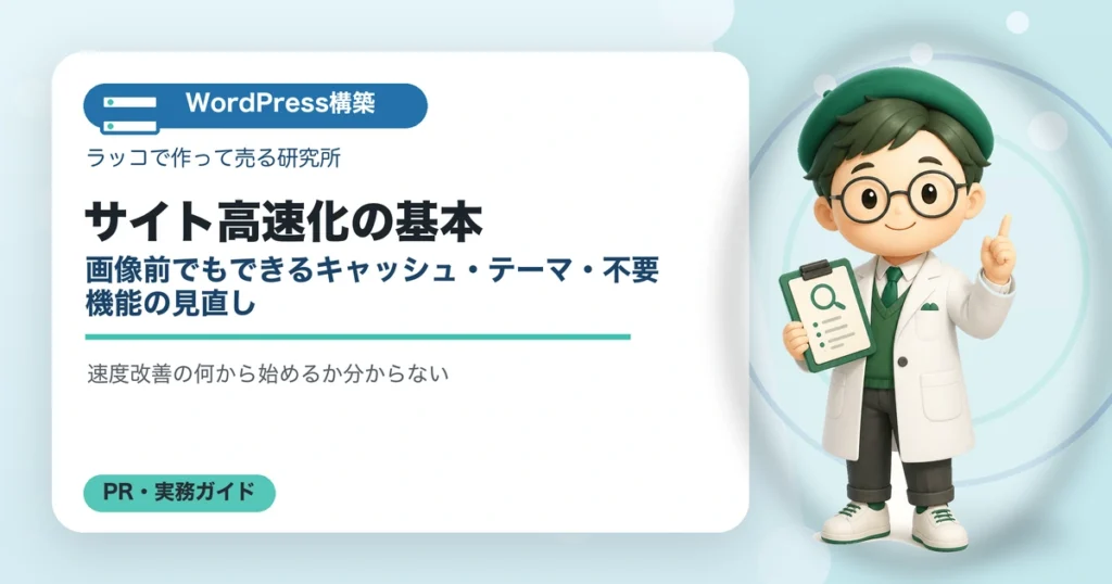 サイト高速化の基本｜画像前でもできるキャッシュ・テーマ・不要機能の見直しの解説イラスト