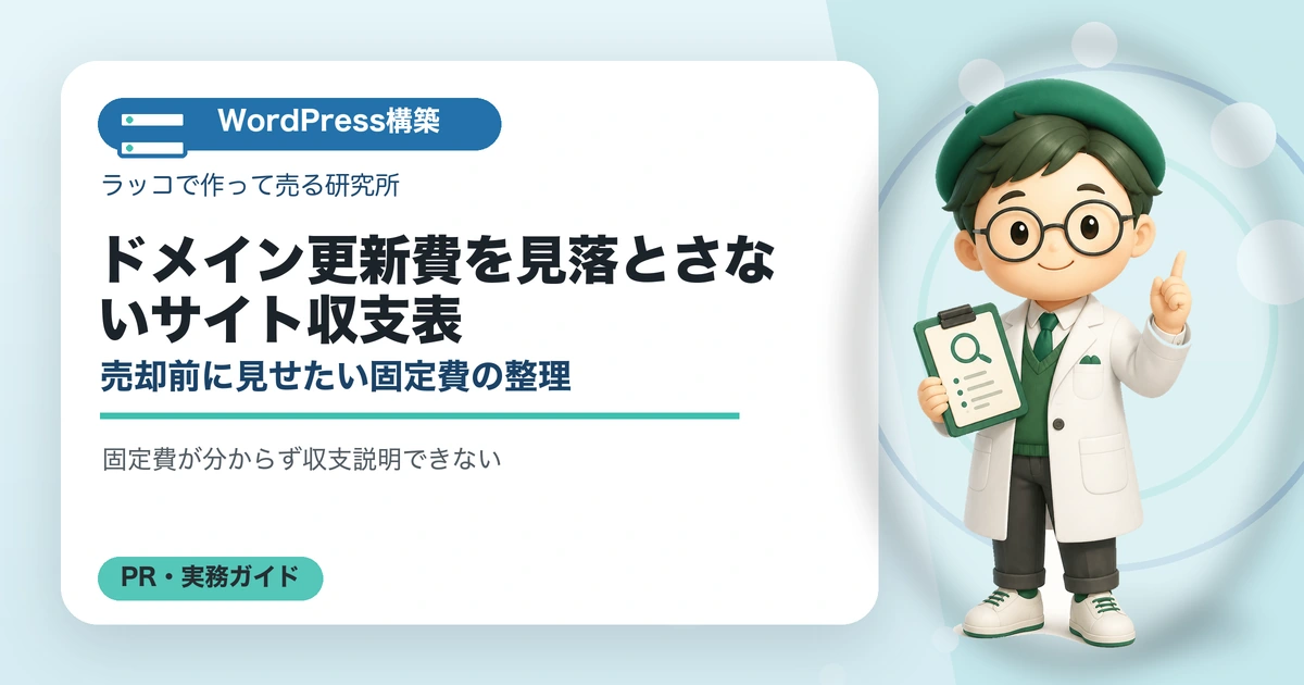 ドメイン更新費を見落とさないサイト収支表｜売却前に見せたい固定費の整理の解説イラスト