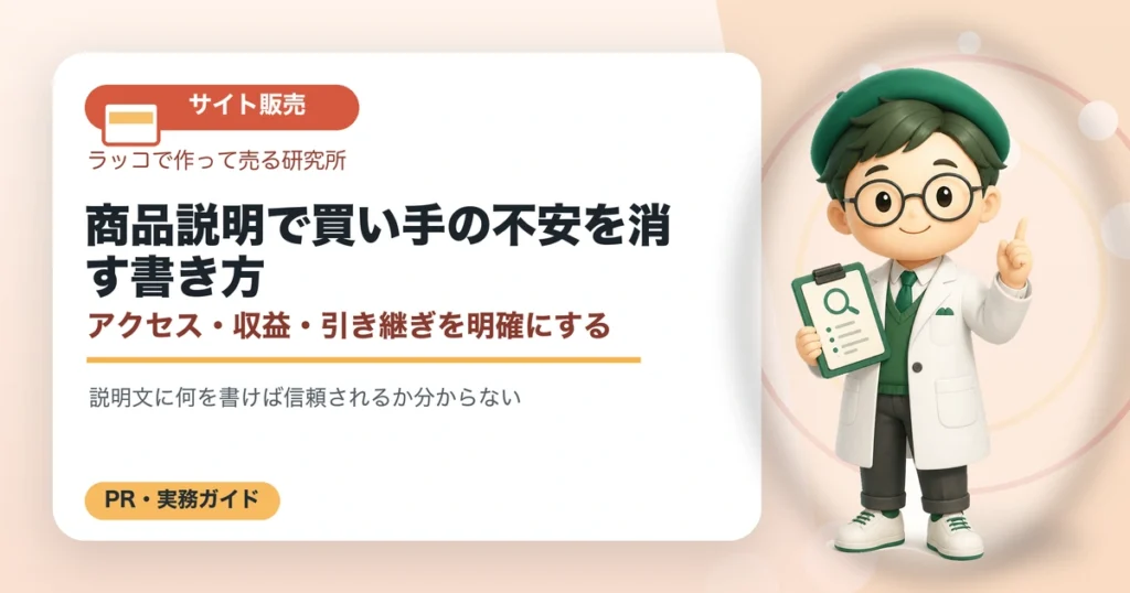 商品説明で買い手の不安を消す書き方｜アクセス・収益・引き継ぎを明確にするの解説イラスト