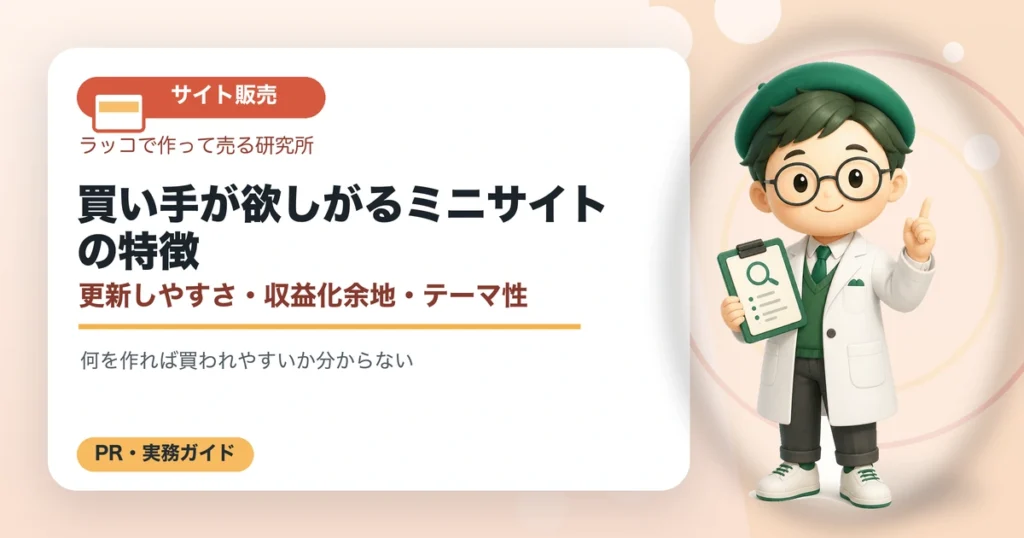 買い手が欲しがるミニサイトの特徴｜更新しやすさ・収益化余地・テーマ性の解説イラスト
