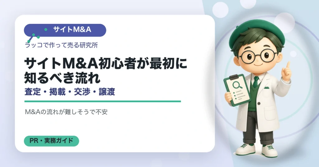 サイトM&A初心者が最初に知るべき流れ｜査定・掲載・交渉・譲渡の解説イラスト