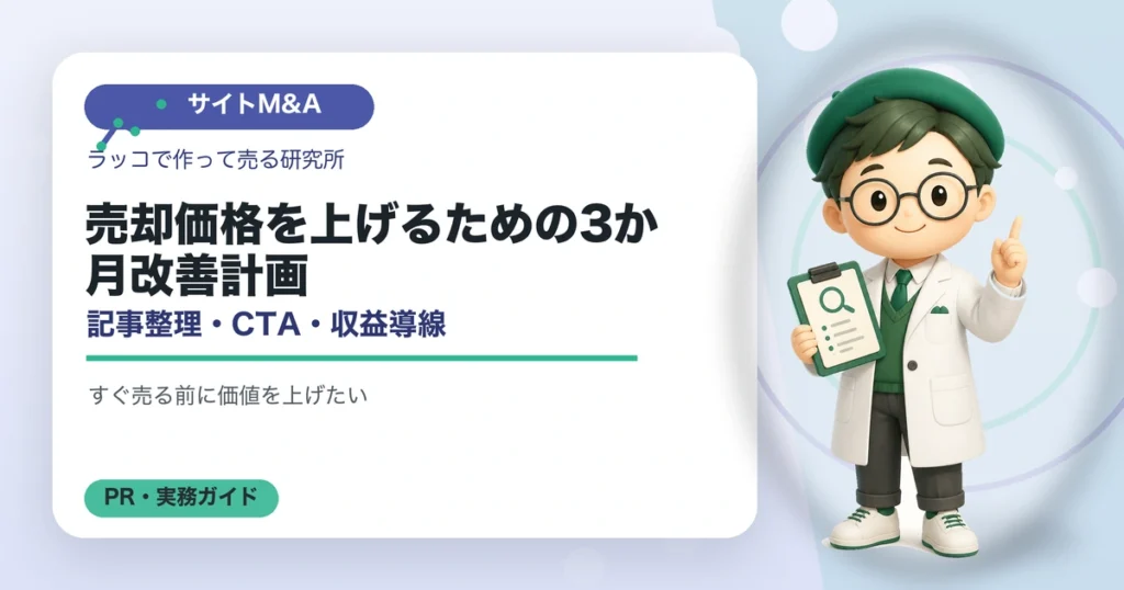 売却価格を上げるための3か月改善計画｜記事整理・CTA・収益導線の解説イラスト