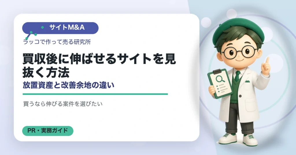買収後に伸ばせるサイトを見抜く方法｜放置資産と改善余地の違いの解説イラスト