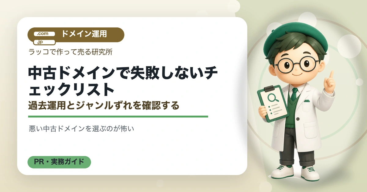 中古ドメインで失敗しないチェックリスト｜過去運用とジャンルずれを確認するの解説イラスト