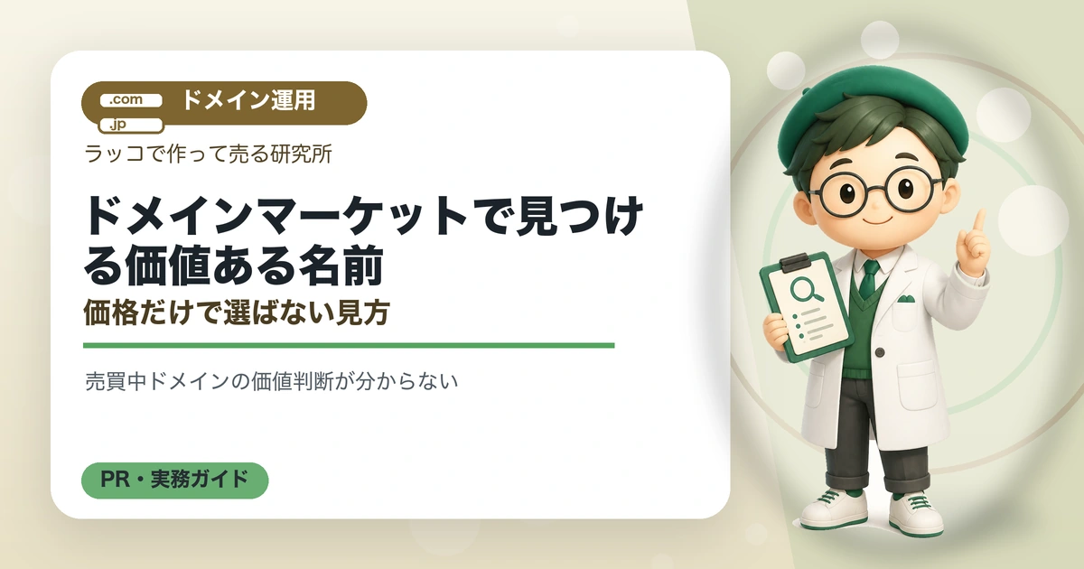 ドメインマーケットで見つける価値ある名前｜価格だけで選ばない見方の解説イラスト