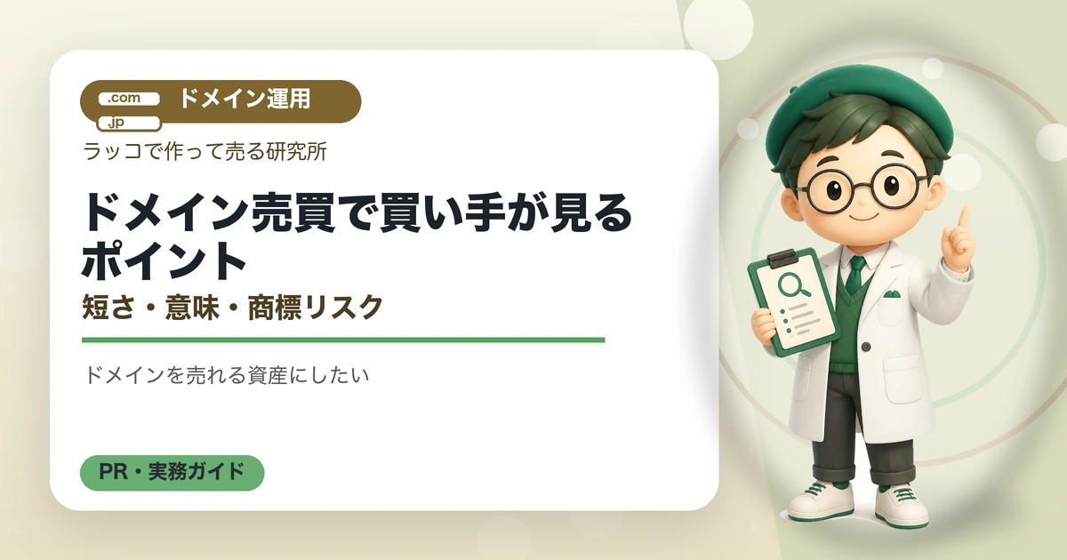 ドメイン売買で買い手が見るポイント｜短さ・意味・商標リスクの解説イラスト