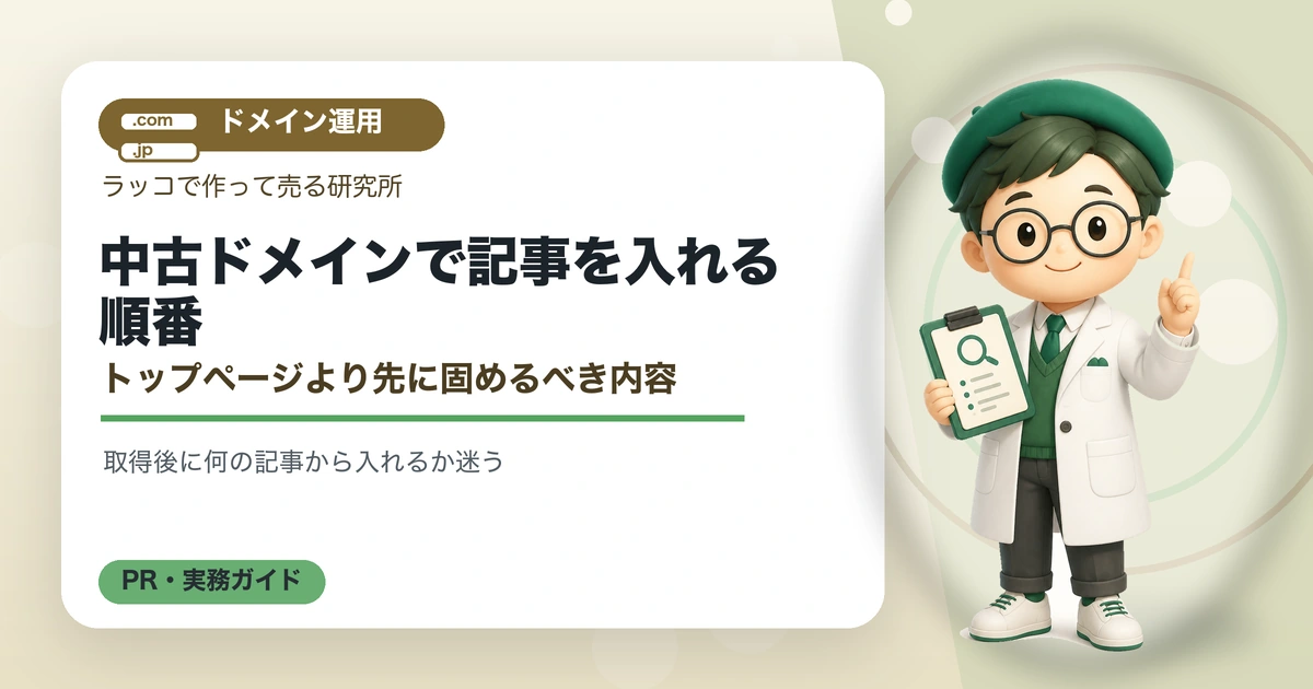 中古ドメインで記事を入れる順番｜トップページより先に固めるべき内容の解説イラスト
