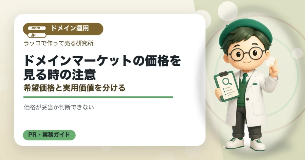 ドメインマーケットの価格を見る時の注意｜希望価格と実用価値を分けるの解説イラスト