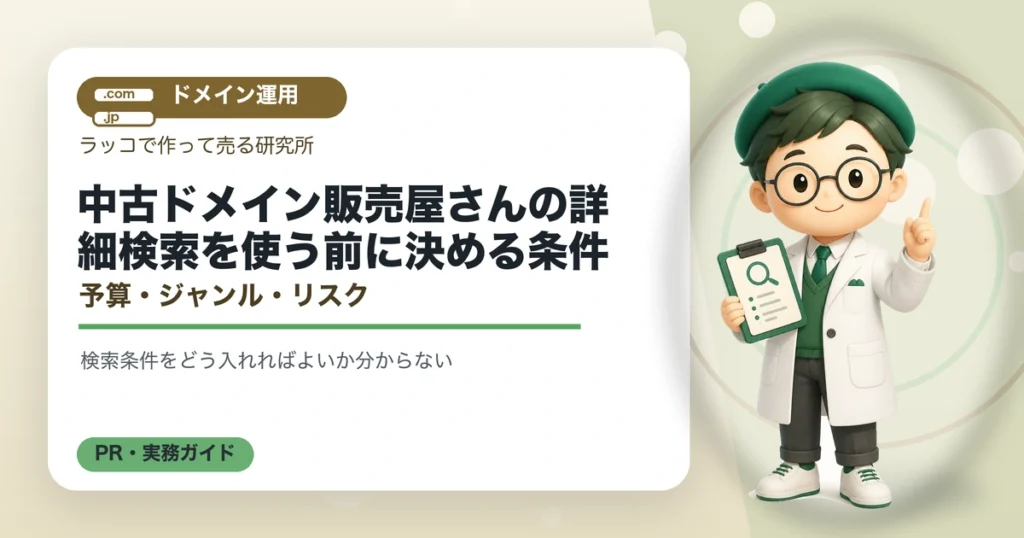 中古ドメイン販売屋さんの詳細検索を使う前に決める条件｜予算・ジャンル・リスクの解説イラスト