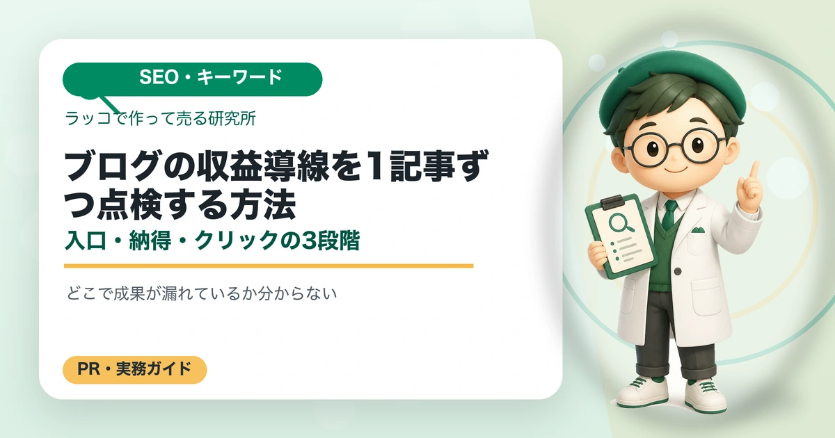 ブログの収益導線を1記事ずつ点検する方法｜入口・納得・クリックの3段階の解説イラスト