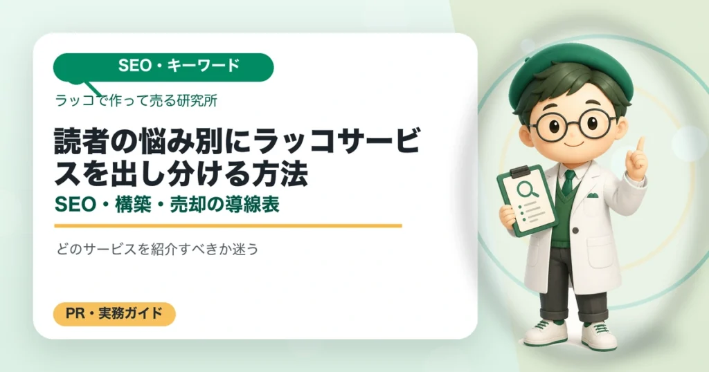 読者の悩み別にラッコサービスを出し分ける方法｜SEO・構築・売却の導線表の解説イラスト