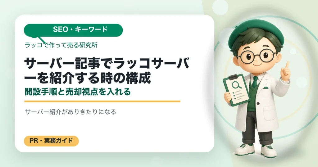 サーバー記事でラッコサーバーを紹介する時の構成｜開設手順と売却視点を入れるの解説イラスト
