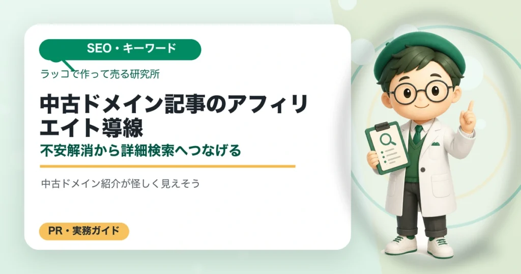 中古ドメイン記事のアフィリエイト導線｜不安解消から詳細検索へつなげるの解説イラスト