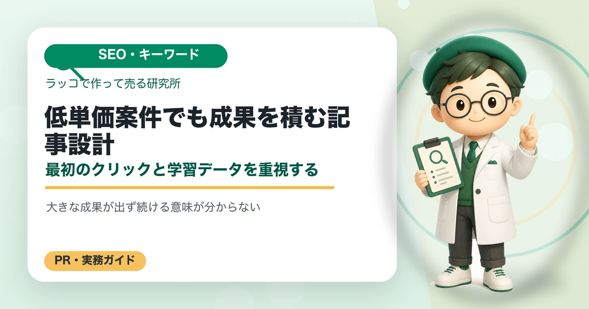 低単価案件でも成果を積む記事設計｜最初のクリックと学習データを重視するの解説イラスト