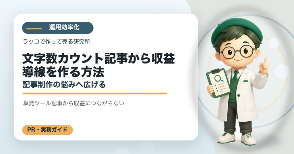 文字数カウント記事から収益導線を作る方法｜記事制作の悩みへ広げるの解説イラスト