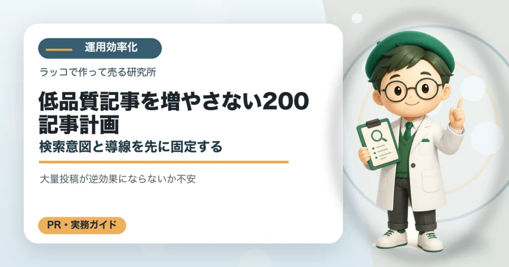 低品質記事を増やさない200記事計画｜検索意図と導線を先に固定するの解説イラスト