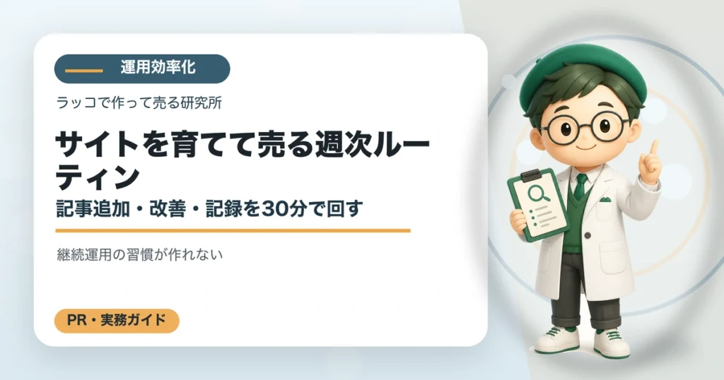 サイトを育てて売る週次ルーティン｜記事追加・改善・記録を30分で回すの解説イラスト