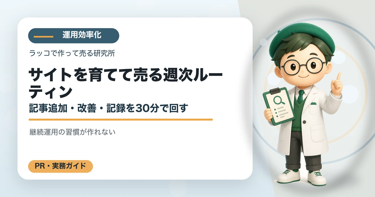 サイトを育てて売る週次ルーティン｜記事追加・改善・記録を30分で回すの解説イラスト