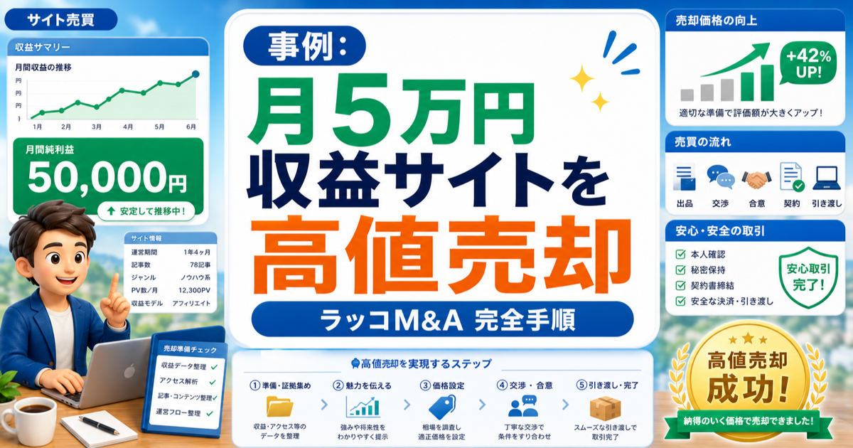 【事例】ラッコM&Aで月5万円収益サイトを高値売却した話完全手順のアイキャッチ画像