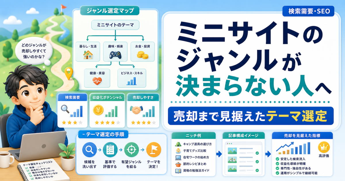 ミニサイトのジャンルが決まらない人へ｜売却まで見据えたテーマ選定の手順のアイキャッチ画像