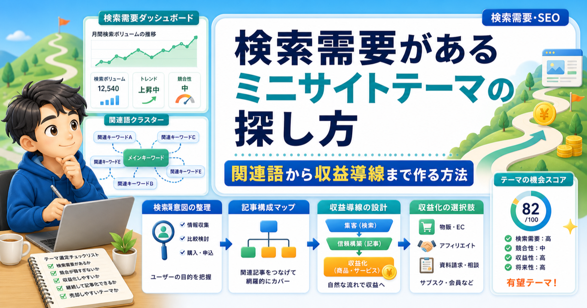 検索需要があるミニサイトテーマの探し方｜関連語から収益導線まで作る方法のアイキャッチ画像