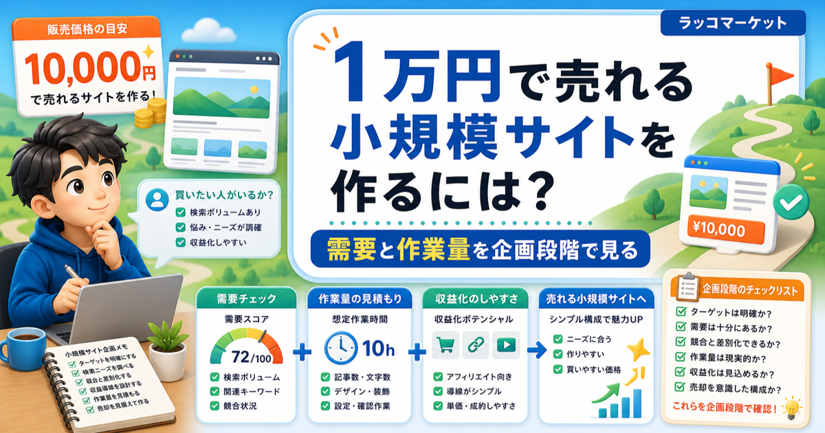1万円で売れる小規模サイトを作るには？企画段階で見るべき需要と作業量のアイキャッチ画像