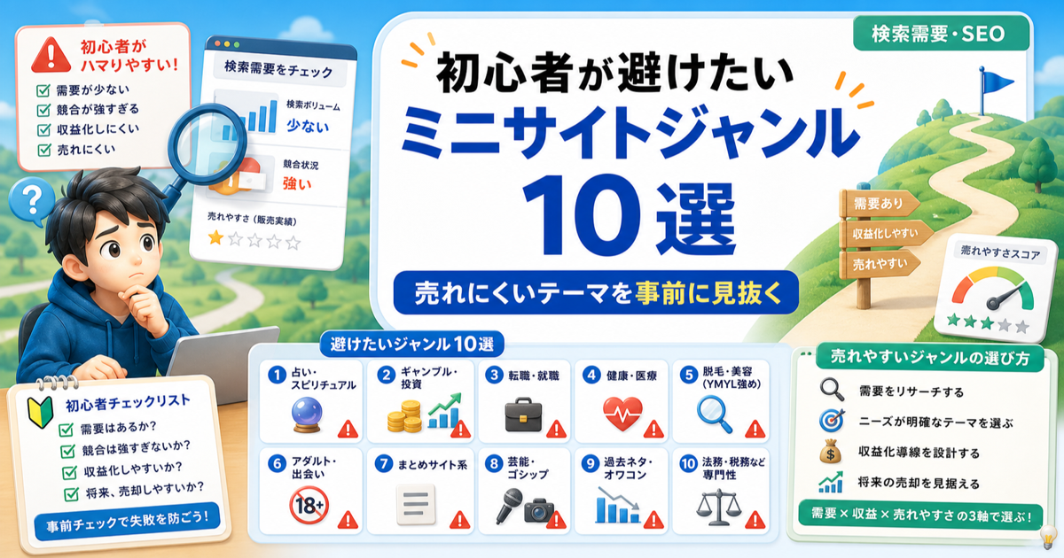 初心者が避けたいミニサイトジャンル10選｜売れにくいテーマを事前に見抜くのアイキャッチ画像