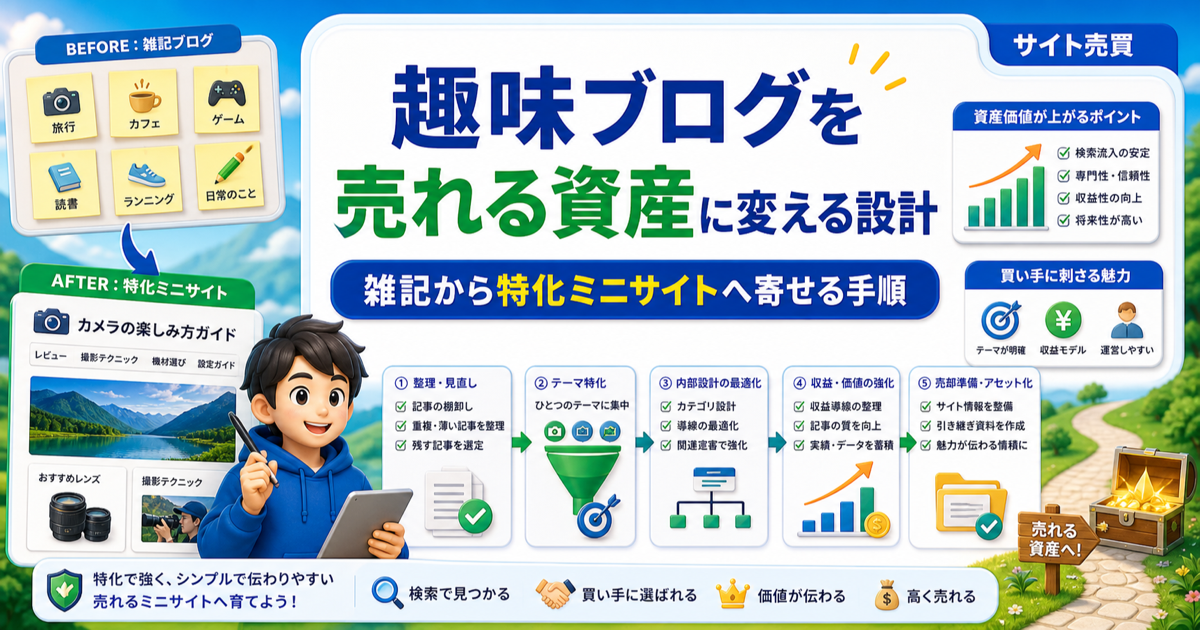 趣味ブログを売れる資産に変える設計｜雑記から特化ミニサイトへ寄せる手順のアイキャッチ画像