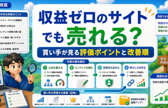 収益ゼロのサイトでも売れる？買い手が見る評価ポイントと改善順のアイキャッチ画像