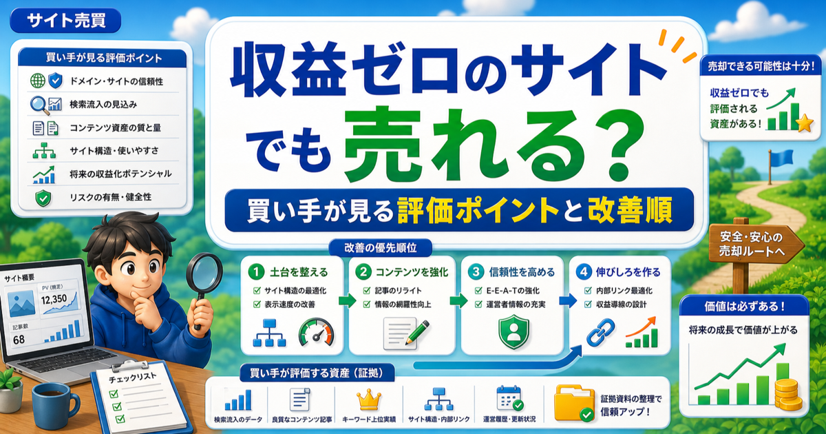 収益ゼロのサイトでも売れる？買い手が見る評価ポイントと改善順のアイキャッチ画像