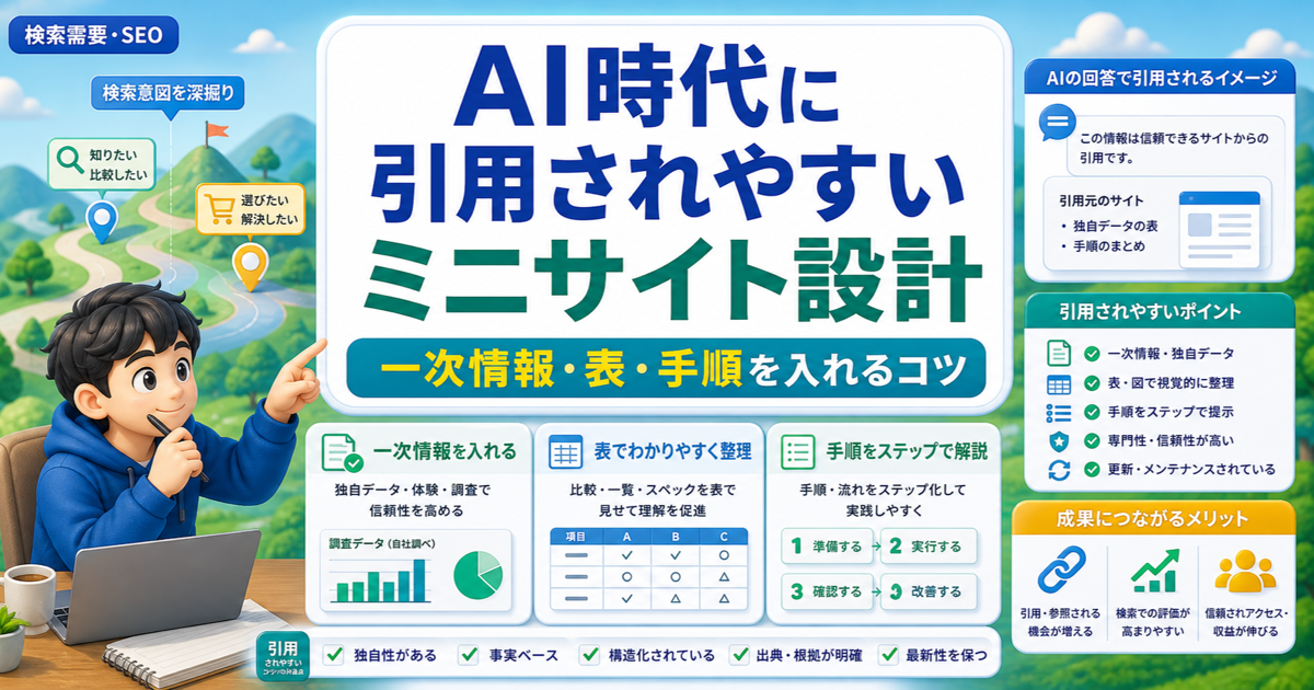 AI時代に引用されやすいミニサイト設計｜一次情報・表・手順を入れるコツのアイキャッチ画像