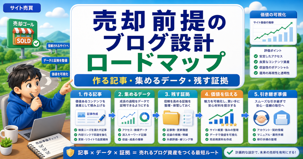 売却前提のブログ設計ロードマップ｜作る記事・集めるデータ・残す証拠のアイキャッチ画像
