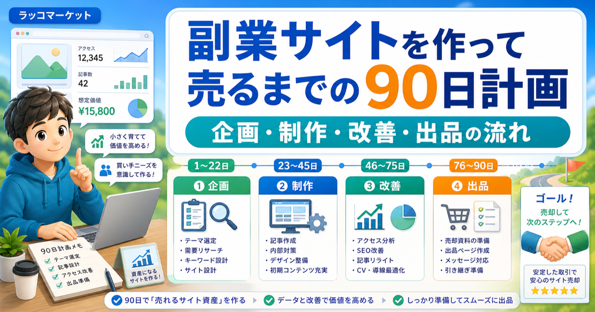 副業サイトを作って売るまでの90日計画｜企画・制作・改善・出品の流れのアイキャッチ画像
