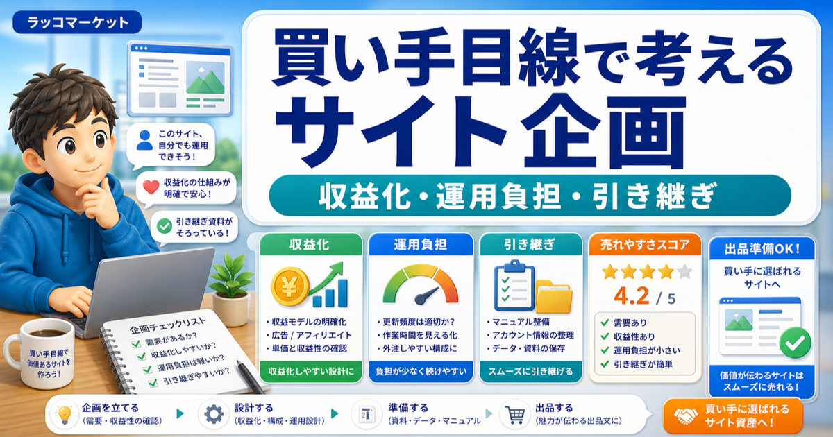 買い手目線で考えるサイト企画｜作る前に決める収益化・運用負担・引き継ぎのアイキャッチ画像