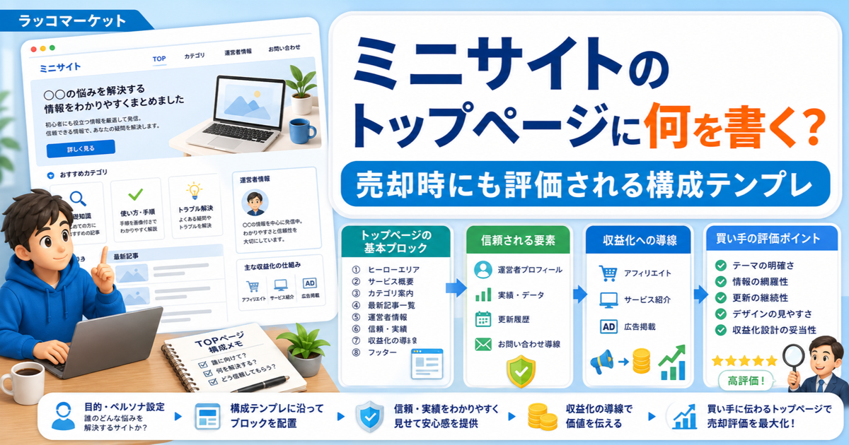 ミニサイトのトップページに何を書く？売却時にも評価される構成テンプレのアイキャッチ画像