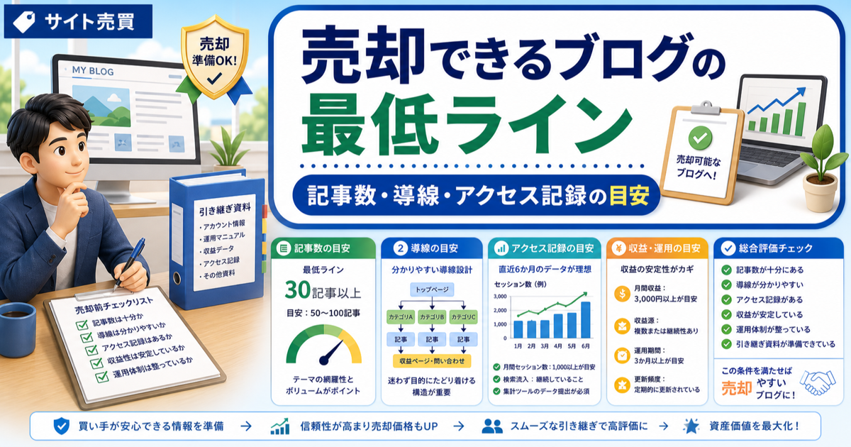 売却できるブログの最低ライン｜記事数・導線・アクセス記録の目安のアイキャッチ画像