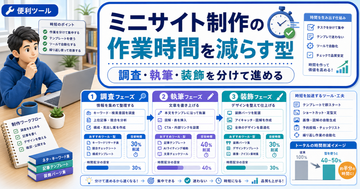 ミニサイト制作の作業時間を減らす型｜調査・執筆・装飾を分けて進めるのアイキャッチ画像