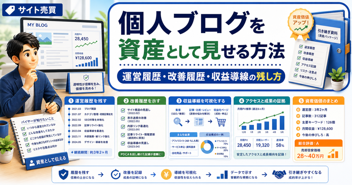 個人ブログを資産として見せる方法｜運営履歴・改善履歴・収益導線の残し方のアイキャッチ画像