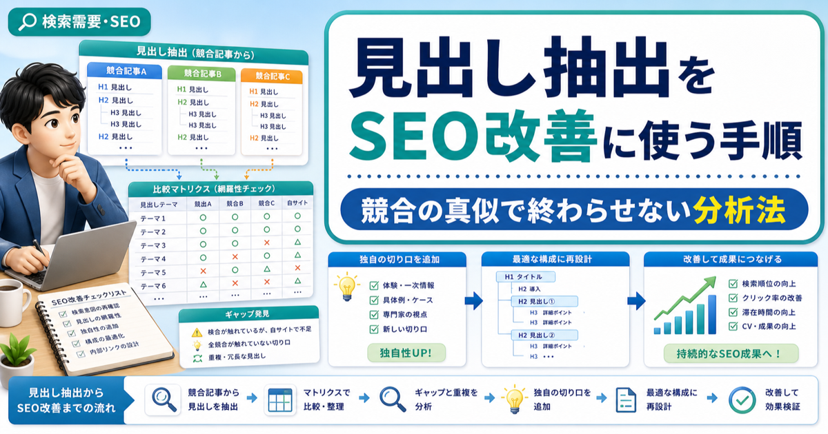 見出し抽出をSEO改善に使う手順｜競合の真似で終わらせない分析法のアイキャッチ画像