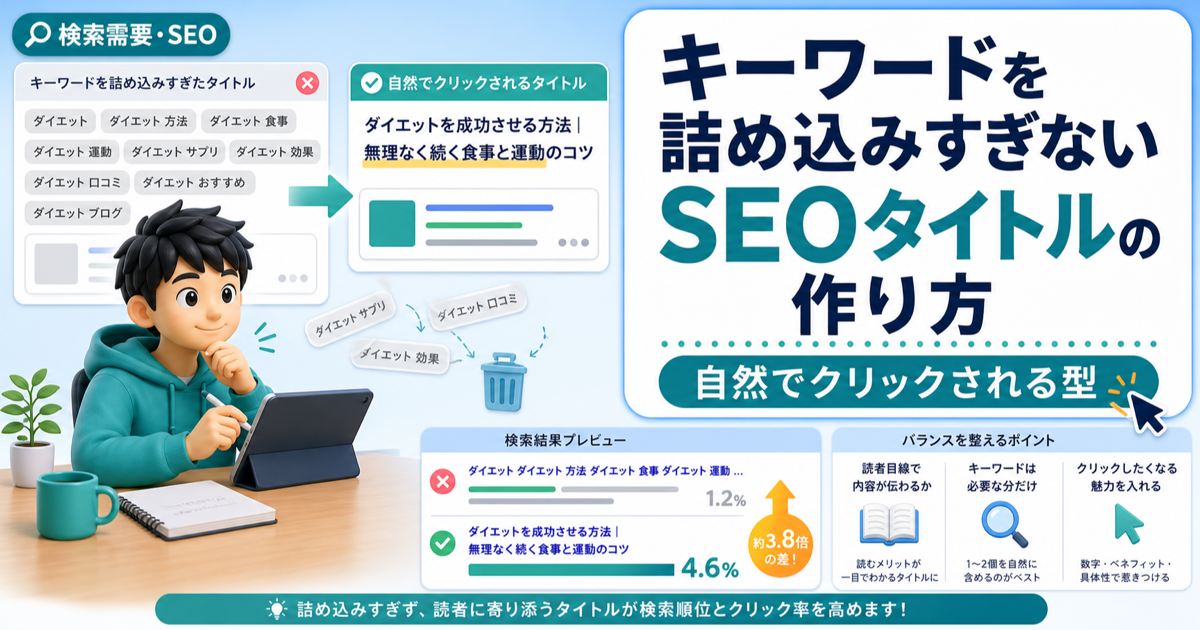 キーワードを詰め込みすぎないSEOタイトルの作り方｜自然でクリックされる型のアイキャッチ画像