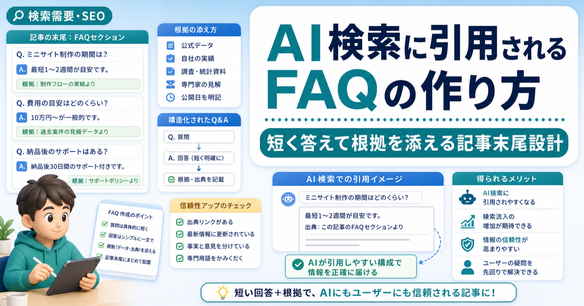 AI検索に引用されるFAQの作り方｜短く答えて根拠を添える記事末尾設計のアイキャッチ画像