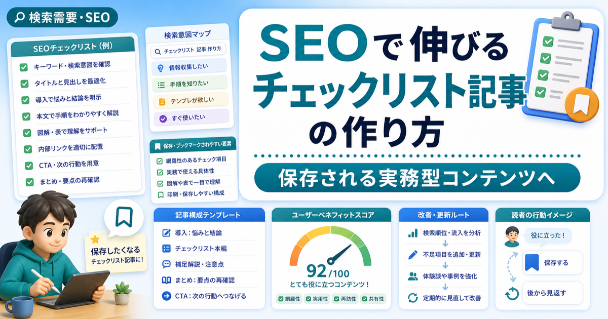 SEOで伸びるチェックリスト記事の作り方｜保存される実務型コンテンツへのアイキャッチ画像
