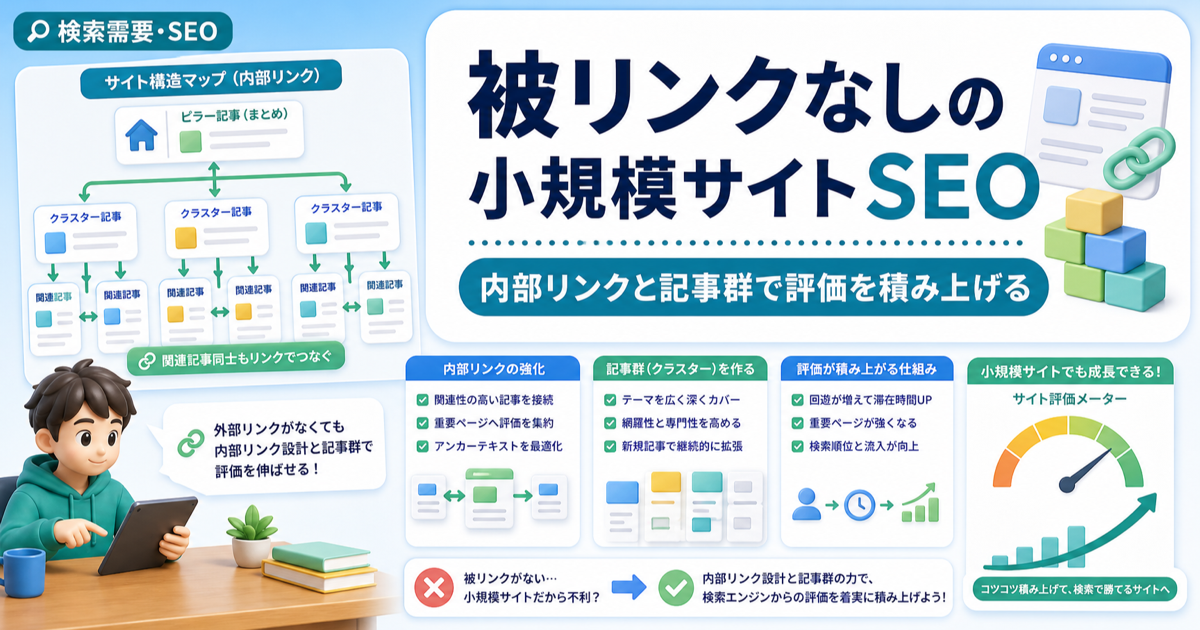 被リンクなしの小規模サイトSEO｜内部リンクと記事群で評価を積み上げるのアイキャッチ画像