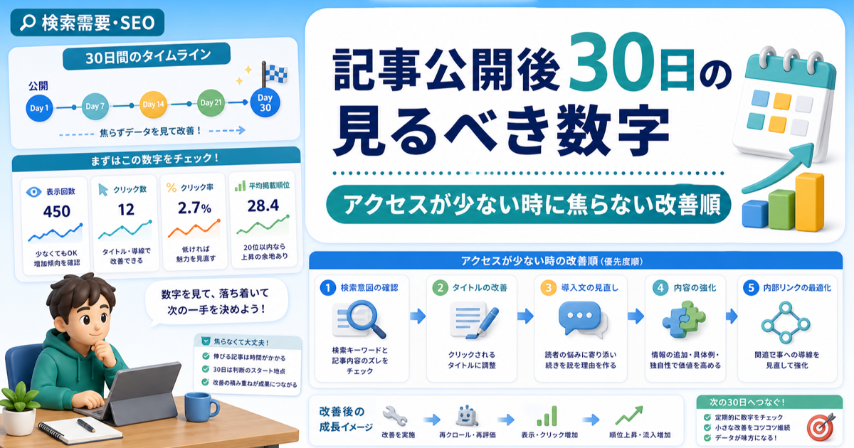 記事公開後30日の見るべき数字｜アクセスが少ない時に焦らない改善順のアイキャッチ画像