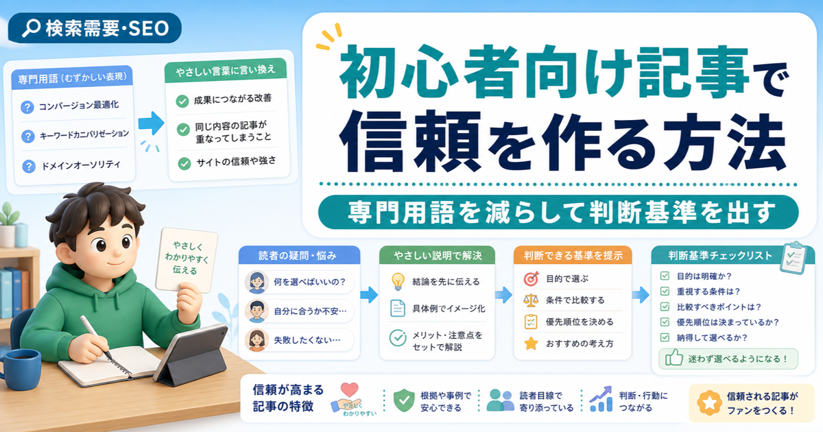 初心者向け記事で信頼を作る方法｜専門用語を減らして判断基準を出すのアイキャッチ画像