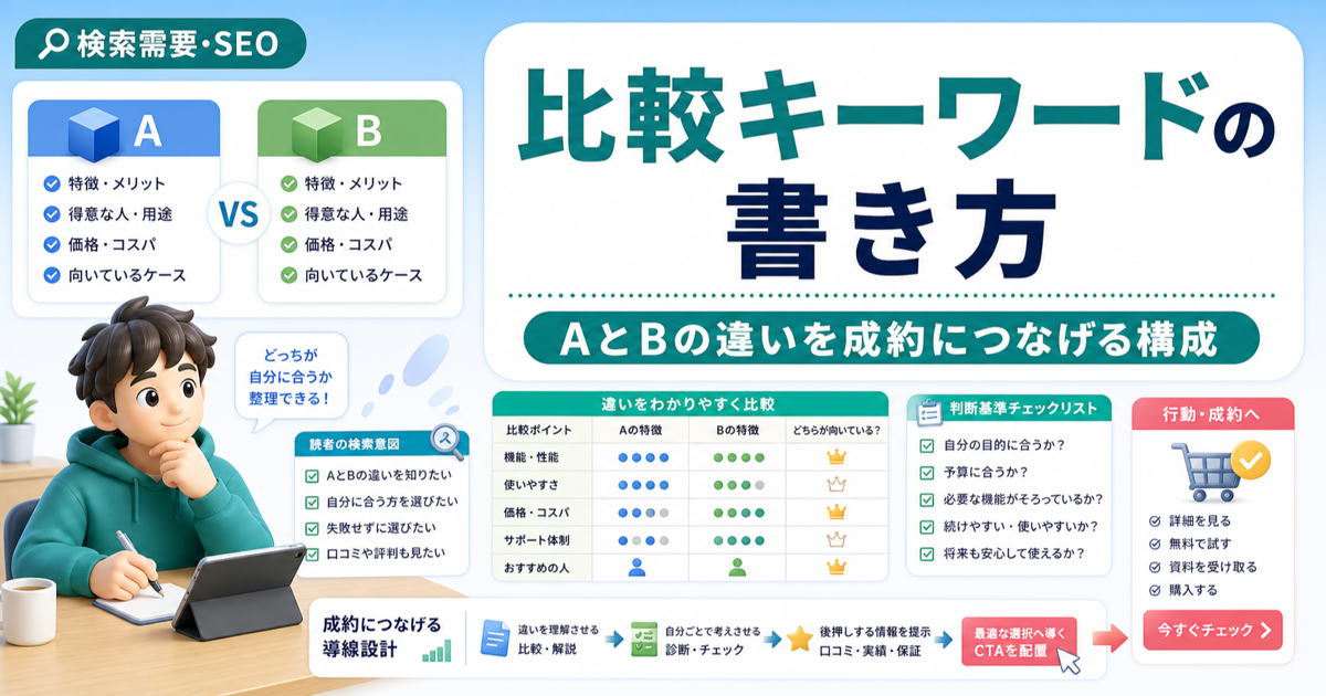 比較キーワードの書き方｜AとBの違いを成約につなげる構成のアイキャッチ画像