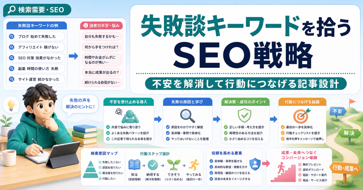 失敗談キーワードを拾うSEO戦略｜不安を解消して行動につなげる記事設計のアイキャッチ画像